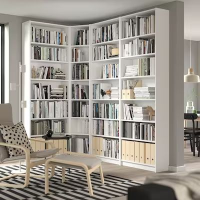 Shelving Units, Bookcases & Pantry Storage - IKEA Ikea Corner Shelving, Ikea Shelving Units, Shelving Office Wall, Home Library White Shelves, Book Office Design, Bookcase Tv Unit Bookshelves, Corner Billy Bookcase With Doors, White Bookshelves Office, Wall Of Bookcases Living Room