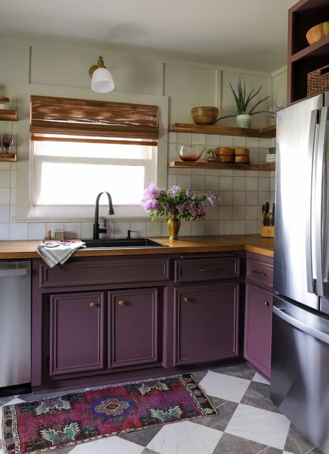 How To Paint Kitchen Cabinets | As Seen on Makeover by Monday - I SPY DIY Purple Kitchen Ideas, Purple Cabinets, I Spy Diy, Purple Kitchen, Purple Interior, Cabinet Paint Colors, Makeover Before And After, Banquette Seating, Butcher Block Countertops