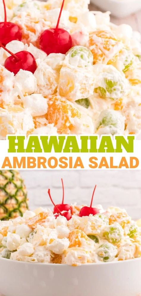 Hawaiian Salad Recipes, Creamy Fruit Salad Recipe, Hawaiian Side Dishes, Hawaiian Fruit Salad, Hawaiian Party Food, Hawaiian Salad, Creamy Fruit Salad, Ambrosia Recipe, Fluff Salad Recipes