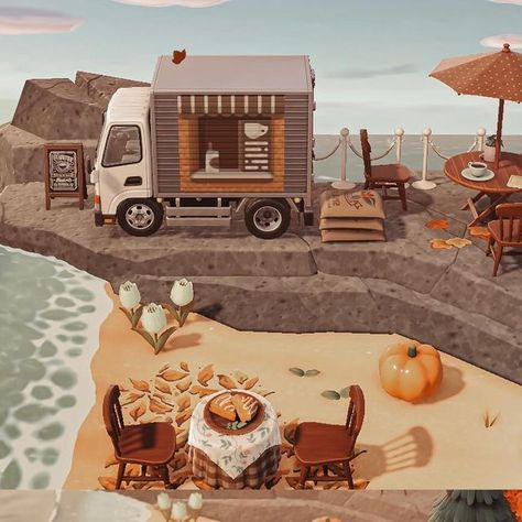 Lauren ♡ on Instagram: "🍂A little coffee truck on the rocks🍂  Preset is Yavan by @acnh.balar  check out my amazing partners! @acorn.oats @woodsy.crossing @bunbee.gaming @cosy.chey @swagfroggychairs @acnh.hakuisland @marigoldsmemories @bugscozy  🔑 - animal crossing new horizons nintendo switch autumn cozy gamer acnh inspo island design   🏷#animalcrossing #animalcrossingnewhorizons #animalcrossinginspo #acnh" Acnh Campsite Design Codes, Fall Island Inspo Acnh, Campsite Inspo Acnh, Animal Crossing Autumn Island Ideas, Acnh Cosy Island, Acnh Autumn House Exterior, New Animal Crossing Ideas, Acnh Rocks Ideas, Waterfall Acnh Ideas