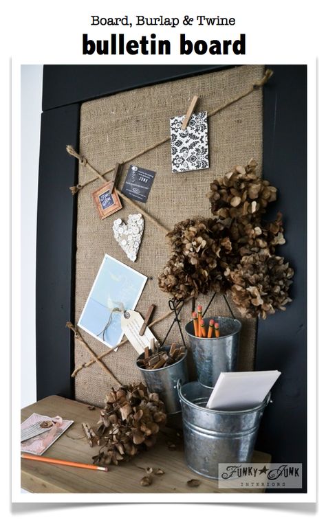 A board, burlap and twine bulletin board. Cost? $2 for the sand bag! via Funky Junk Interiors #junk #burlap #distressed Upcycling, Cool Bulletin Boards, Burlap Bulletin Boards, Rustic Hearts, Diy Bulletin Board, Burlap Projects, Notice Boards, Funky Junk Interiors, Casa Diy