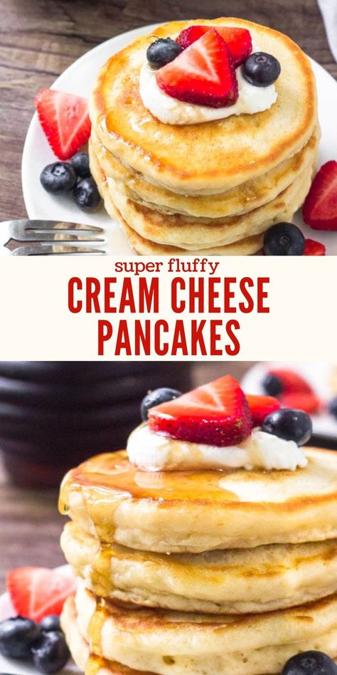 Fluffy Pancakes Recipe, Fluffiest Pancakes, Cream Cheese Breakfast, Fruit Pancakes, Cream Cheese Pancakes, Homemade Pancake Recipe, Best Pancake Recipe, Cheese Pancakes, Traditional Breakfast