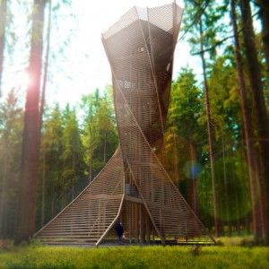 Twisting+observation+tower+could++be+built+in+a+northern+Italian+forest Biophilic Playground, Bird Watching Tower, Building Typology, Viewing Tower, Observation Tower, Lookout Tower, Organic Structure, Desain Lanskap, Nature Architecture