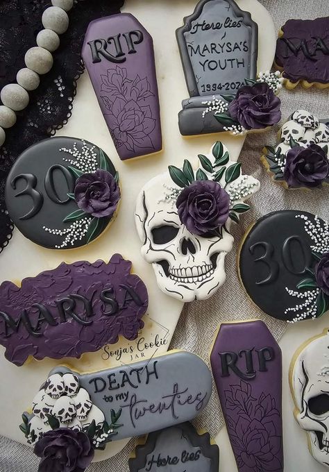 Skull Themed Birthday Party, Gothic Birthday Cookies, Goth Cookies Decorated, Black And White Decorated Cookies, Spooky 40th Birthday, Goth Wedding Cookies, Gothic Cookies Decorated, Wednesday Adams Cookies, Rip 20s Cookies