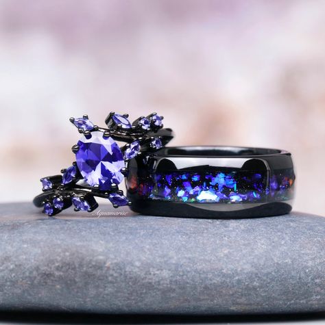 Galaxy Wedding Centerpieces, Wedding Ring Sapphire, Cornflower Sapphire, Weding Rings, His And Hers Ring, Otherworldly Beauty, Space Ring, Cosmic Dance, Galaxy Wedding