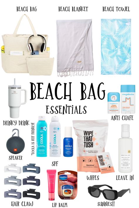 beach bag essentials for this summer ! everything is linked <3 beach bag essentials + beach + bag + summer essentials + summer + road trip + vacation + beach bag + summer bag + self care + it girl + clean girl + beach bag must haves + amazon + linked + spf + sun Travel Essentials Beach Vacations, Pool Party Bag Essentials, Holiday Must Haves Summer, Vacation Essentials List The Beach, What To Pack On A Beach Trip, Beach Trip Essentials Packing Lists, Pool Day Bag Essentials, Beach Day Necessities, What To Pack In Your Pool Bag