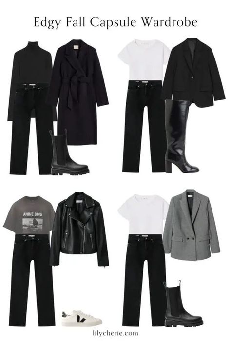 Discover the ultimate 2024 Capsule Wardrobe Guide, featuring seasonal essentials for a chic, minimalist aesthetic. From edgy fall outfits to classic work ensembles and breezy summer attire, our comprehensive checklist helps you curate a versatile wardrobe for every occasion. Embrace sustainable fashion with timeless pieces that blend comfort and style, perfect for women aged 25-55 seeking elegance and simplicity in their daily wear. Join us in crafting a stylish, effortless look for 2024. Classic Edgy Chic Style, Edgy Timeless Outfits, Edgy Work Capsule Wardrobe, Miss Fernandez Capsule, Edgy Classic Style Work Outfits, Summer Work Capsule Wardrobe 2024, Edgy Capsule Wardrobe 2024, Winter Capsule 2024, Minimalist Black Outfit