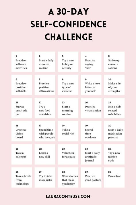 a pin that says in a large font 30-Day Self-Confidence Challenge How To Be Confident In College, Tips On Confidence, How To Grow Your Self Confidence, More Confidence How To Become, Tips To Improve Yourself, How To Look Confident Tips, How To Gain More Confidence, Things To Do For Self Improvement, How To Be More Confident At Work