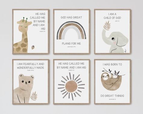 Christian Baby Art, Noah’s Ark Nursery Ideas, Christian Wall Art For Kids, Nursery Ideas Christian, Christian Nursery Theme, Prints For Baby Room, Biblical Nursery Themes, Biblical Nursery Decor, Nursery Scripture Wall Art