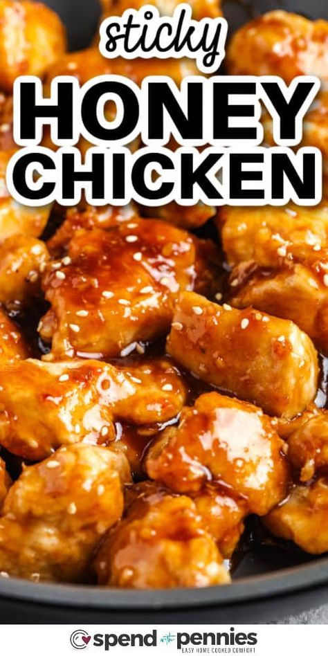 Whip up this quick and easy Honey Chicken for a perfect weekday dinner! In just 20 minutes, enjoy tender, juicy chicken coated in a honey sauce, served with rice, and garnished with sesame seeds—it's the ideal choice for a busy weeknight meal. #honeychicken #easy #chinese #spendwithpennies Essen, Sticky Honey Chicken, Honey Chicken Recipe, Chicken Milanese, Easy Delicious Dinners, Chinese Chicken Recipes, Chinese Cooking Recipes, Sticky Chicken, Sweet And Spicy Sauce