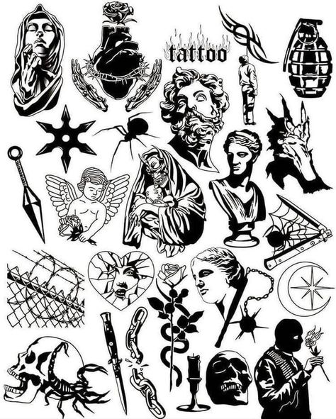 Transport yourself to a world of nostalgia and sophistication with our vintage-style tattoo designs, each one a tribute to the timeless appeal of the past. Contact us for a custom sketch. Small Tattoos Men, Tato Salib, Vintage Tattoo Art, Tattoo Graffiti, Pola Tato, Tato Henna, Grunge Tattoo, Art Flash, Tattoo Schrift