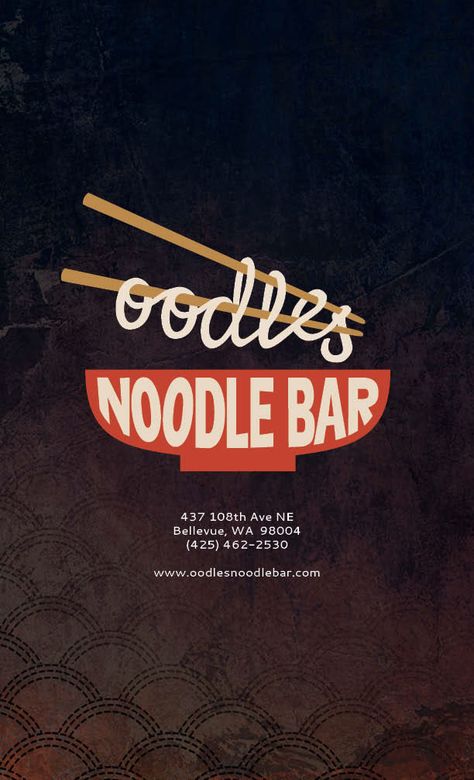 Created website, menus and business card for Oodles Noodle Bar in Bellevue, WA. Used texture and muted colors to acheive a modern yet rustic, comfort-food feel that would complement the logo and desired atmosphere of the restaurant. Noodle Typography, Noodle Logo, Noodle Design, Great Logo Design, Restaurant Logos, Noodle Restaurant, Bar Business, Visuell Identitet, Noodle Bar