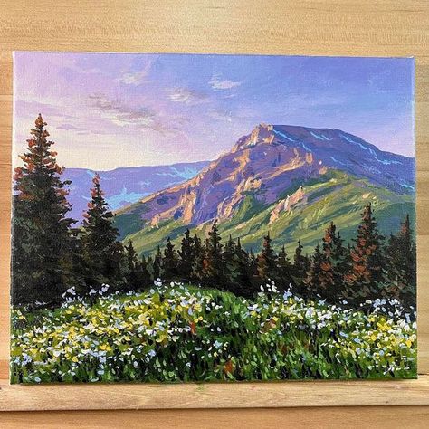 Mountains In The Distance Painting, Painting Idea Landscape, Nature Painting Mountains, Landscapes Acrylic Painting, Landscape Art Mountains, Art Inspiration Acrylic Paintings, Switzerland Painting Acrylic, Beginner Mountain Painting, Nature Painting Inspiration