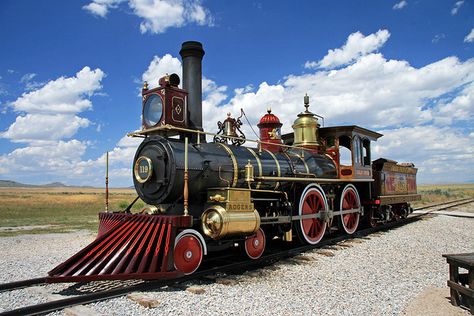 Union Pacific #119 at the Golden Spike | Flickr - Photo Sharing! Orient Express Train, Central Pacific Railroad, Golden Spike, Old Steam Train, Steam Engine Trains, Box Elder, Union Pacific Railroad, Train Art, Old Trains