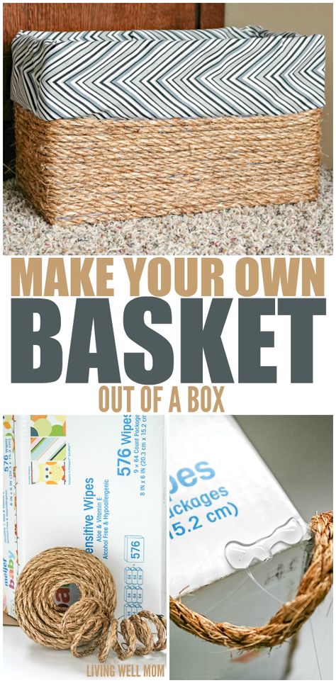 How to make a basket out of an ordinary cardboard box - this simple DIY project costs less than $5 in supplies and doesn’t require any sewing. The result is a beautiful lined basket! Sewing Storage Box, Storage Baskets Diy, Diy Karton, Make A Basket, Cardboard Organizer, Carton Diy, Twine Diy, Diy Rope Basket, Cardboard Storage