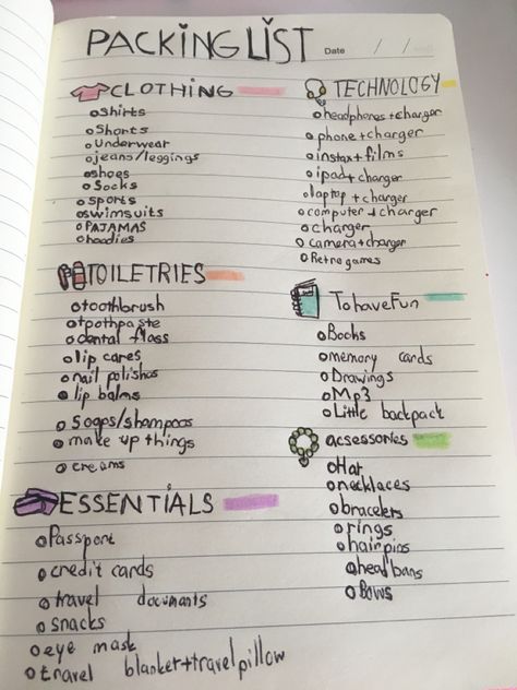 Packing List Design, Organisation, What To Pick For A Trip, What Stuff To Pack On A School Over Night Trip, How To Plan For A Trip, Packing List For 5 Days, Dc Trip Packing List, What To Bring On A School Overnight Trip, What To Pack For A Train Trip