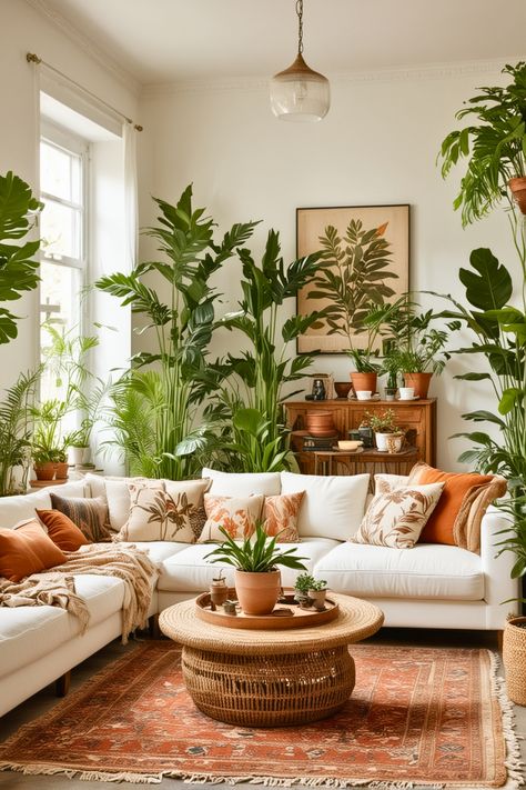 room. Plant Vibe Living Room, Boho Small House Interiors, Living Room Filled With Plants, Small Living Room Boho Ideas, Modern Boho Plant Decor, Music Aesthetic Living Room, White Walls Apartment Decorating, Boho Living Room Aesthetic, Green Couch Boho Living Room