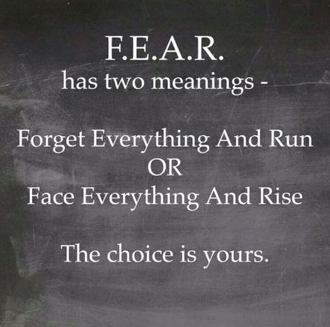 F-E-A-R has two meanings: ‘Forget Everything And Run’ or ‘Face Everything And Rise.’ The choice is yours. 2015 Quotes, Motivational Photography, Tenk Positivt, Face Everything And Rise, Inspirerende Ord, Inspirational Love, Vie Motivation, रोचक तथ्य, Motiverende Quotes