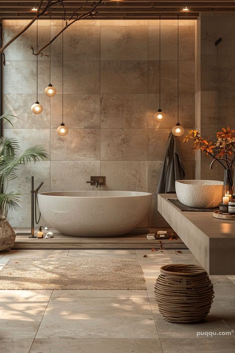 Unveiling the Top Trends for Master Bathrooms in 2024 - Puqqu Master Bathrooms Earthy, Spa Bathtub Ideas, Zen Spa Bathroom Ideas Japanese, Dreamy Master Bathrooms, Stone Wet Room, Organic Minimalist Bathroom, Earthy Bathroom Tiles, Balinese Bathroom Bali Style, Spa Bathroom With Sauna