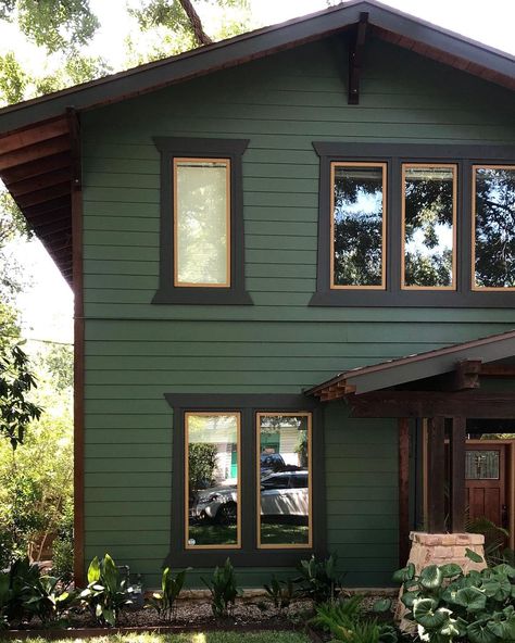 Black Forest Green House Exterior, Bright Houses Exterior, Deep Green Exterior Paint, Brown Window Frames Exterior, Green Wood Siding Exterior, Dark Green Exterior House Colors Paint, Black And Green House Exterior Colors, Brown House With Green Trim, Green Color House Ideas