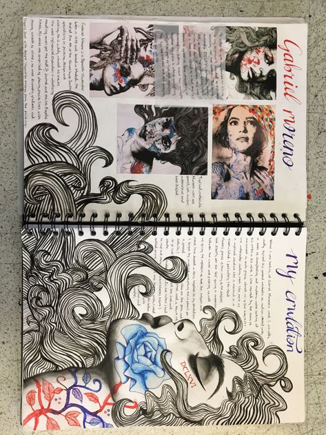 Gabriel Moreno Art, Sketchbook Ideas Writing, Gabriel Moreno Artist Study, Art Visual Journal, Fashion Visual Diary, Visual Diary Layout, Gcse Art Artist Study, Artist Study Sketchbook, Art Study Sketchbook