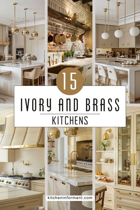 15 Ivory and Brass Kitchens: The Perfect Blend of Elegance and Modernity graphic. Cream Brass Kitchen, Cream Gold Kitchen Ideas, Champagne Kitchen Decor, Gold Accented Kitchen, Cream Cabinets With Brass Hardware, Kitchen Ideas With Gold Accents, Elegant Kitchen Cabinet Hardware, Luxury French Kitchen, Cream Cabinets Gold Hardware