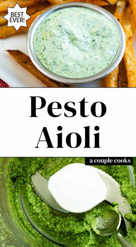 This pesto aioli is full of incredible basil and Parmesan flavor! Use it for dipping fries or to slather on a burger or sandwich. #basil #aioli #basilaioli #pesto #pestoaioli Aoli Recipe, California Recipes, Pesto Aioli, Dry Basil, Basil Aioli, Pesto Dip, Sandwich Sauces, Aioli Sauce, Salad Dressing Recipes Healthy