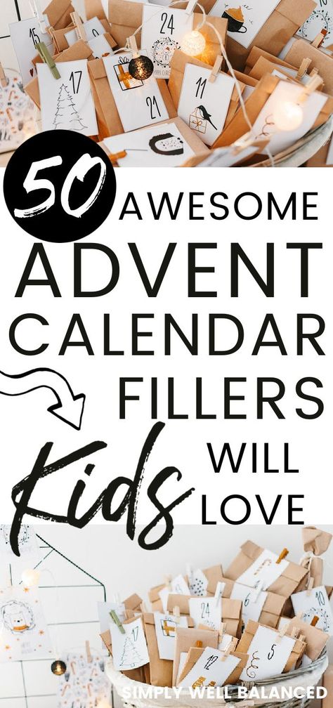 The best advent fillers for kids. 50 ideas for what to put in a kid's advent calendar. Small toys and treats that kids will love. These mostly non-candy advent calendar fillers make great gift ideas for your Christmas countdown. #christmas #holidays Advent Tree Ideas, Advent Calendar Fillers, Natal, Minimalist Advent Calendar, Advent Calendar Fillers For Kids, Advent Fillers, Bag Advent Calendar, Fun Advent Calendar, Candy Advent Calendar