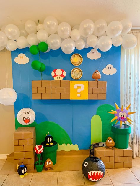 Mario Party Party Ideas, Diy Mario Backdrop, Mario Themed Decorations, Mario Hallway Decorations, Mario Theme Decor, Mario Photo Backdrop, Mario Cart Theme Party, Mario Kids Birthday Party, Mario Brothers Party Ideas