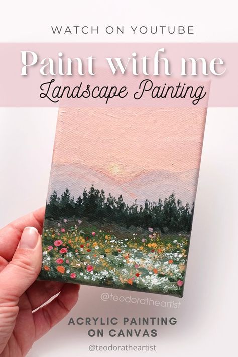 Acrylic Landscape Painting on Small Canvas PAINT WITH ME: Spring Flower Field and Pink Sunset | Landscape Painting Video Art Tutorial, mini canvas art aesthetic cute, small canvas art landscape, spring painting acrylic, paint with me step by step, easy acrylic tutorial, canvas painting ideas, diy, sunset painting, sunrise sky painting, aesthetic painting, beautiful countryside painting, colorful spring flowers, dreamy artwork, florals art, pink sunset painting, painting ideas on canvas aesthetic How To Paint A Field Of Flowers Step By Step, Meadow Painting Acrylic Easy, Diy Spring Painting, Small Acrylic Painting Mini Canvas Tutorial, Pink Sunset Acrylic Painting, Diy Landscape Painting Easy, Spring Landscape Painting Easy, Wildflower Painting Easy Acrylic, Easy Landscapes To Paint