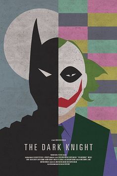 This is the example of asymmetrical balance in the movie poster. The color, shape are asymmetrical, but creates a dynamic visual balance. Even with the contrast between the two different faces, it is very interesting to combine them in a symmetrical way, which kinda ironically reflects the relationship between joker and batman. The Dark Knight Movie Poster, The Dark Knight Movie, Plakat Design Inspiration, Konst Designs, Film Vintage, Plakat Design, Movie Posters Design, Minimal Movie Posters, Minimal Poster