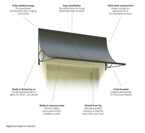 Door Canopy – 4’ Front door canopies Awing Over Door, Front Door Canopy Ideas, Metal Door Awning, Storm Door Makeover, Door Canopy Modern, Door Canopies, Over Door Canopy, Front Door Overhang, Awning Over Door