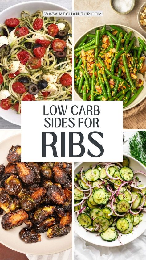 Looking for the perfect party side to complement your deliciously smoked ribs? Look no further than these low carb sides! From zesty coleslaw to savory cauliflower rice, these dishes will have your guests coming back for seconds and thirds. With fresh ingredients and bold flavors, these sides are the best way to round out your BBQ spread and keep your guests satisfied all night long. Easy Low Carb Sides Dishes, Low Carb Gluten Free Side Dishes, Ribs Side Dishes Healthy, Good Sides With Ribs, Sides To Go With Ribs Dishes, Sides With Short Ribs, Maui Ribs Side Dish, Paleo Bbq Sides, Spare Rib Dinner Sides