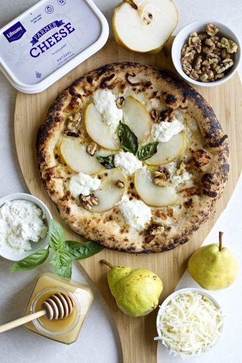 Pear Honey Walnut Basil Cheese Pizza | CucinaByElena Pizza Dinner Party, Nachos Recipes, Pear Pizza, Pear Honey, Walnut Cheese, Pizza Dough Ingredients, Baked Ziti With Sausage, Low Oxalate Diet, Farmer’s Cheese