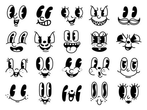 Vintage 50s cartoon and comic happy faci... | Premium Vector #Freepik #vector #logo #vintage #character #cartoon Inkblot Cartoon, Happy Facial Expressions, 50s Cartoon, Old Animation, Quirky Characters, 1930s Cartoons, رسم كاريكاتير, Cartoon Expression, الفن الرقمي