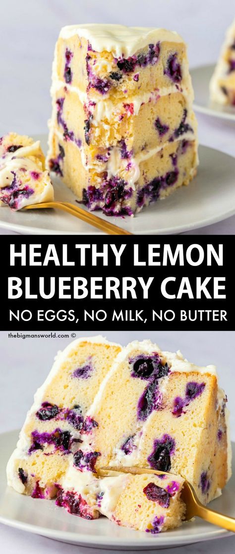 Healthy Lemon Blueberry, Cake No Eggs, Lemon Blueberry Cake, Cheesecake Vegan, Vegan Baking Recipes, Healthy Cake Recipes, Healthy Vegan Desserts, Dairy Free Dessert, Blueberry Cake