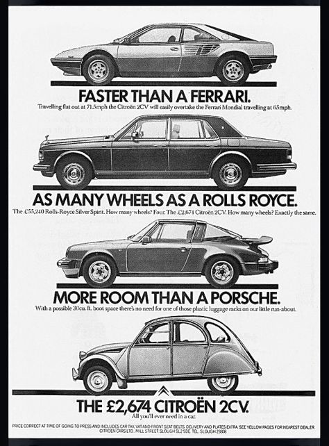 Funny Citroen 2CV Comparison to other cars #ferrarimondial #rollsroycesilverspirit #porsche911 #citroen2cv #citroen #2cv #citroën Rolls Royce Silver Spirit, Ferrari Mondial, Tv Advertising, Pt Cruiser, Car Advertising, Car Posters, European Cars, Old Ads, Car Ads