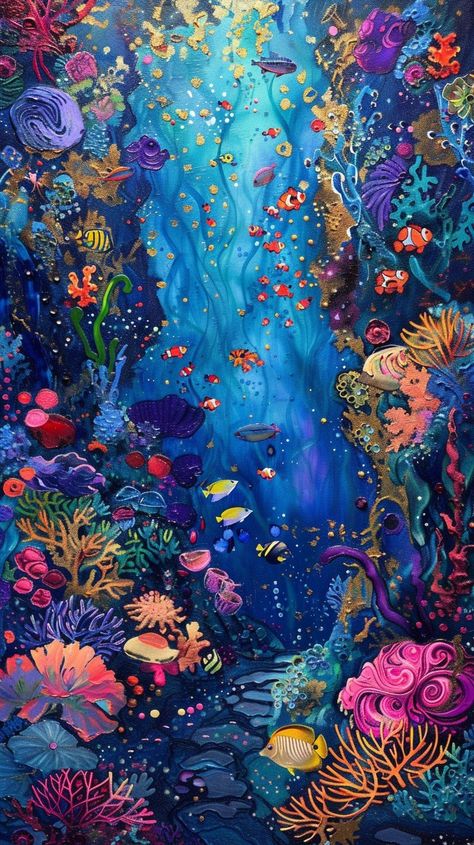 Vibrant Marine Life: A stunning underwater scene brimming with vibrant coral and playful fish amidst a mystical seascape. #oceana #vibrant #coral #fish #underwater #art #painting #colorful #aiart #aiphoto #stockcake https://ayr.app/l/a6DM Mural Wall Art Ocean, Seacreatures Underwater Painting, Coral Reef Art Painting, Ocean Art Background, Drawing Underwater Scenes, Fish Coral Reef, Colorful Fish Illustration, Sea Life Art Underwater, Paint Collage Ideas