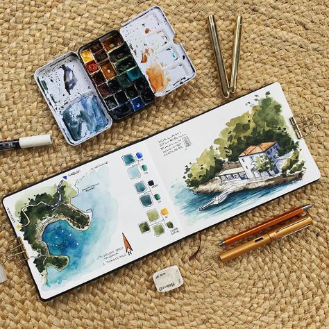 Kunstjournal Inspiration, Travel Journal Scrapbook, Travel Art Journal, Travel Sketchbook, Sketch Journal, Watercolor Journal, Watercolour Inspiration, Sketchbook Art Journal, Travel Sketches