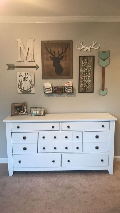 Deer Themed Nursery Farmhouse Nursery Boy, Deer Baby Nursery, Farmhouse Nursery Ideas, Deer Themed Nursery, Wall Styling, Hunting Nursery, Deer Theme, Deer Nursery, Baby Boy Room Nursery