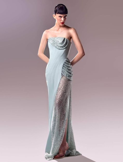 MNM Couture G1613 - Strapless Beaded Mesh Embellished Gown 10 / Blue Couture, Haute Couture, Beaded Evening Dress, Glamorous Dresses Elegant Evening, Vintage Runway Dresses, Blue Couture Dress, Couture Fashion Gowns, Gowns Haute Couture, Deep V Gown