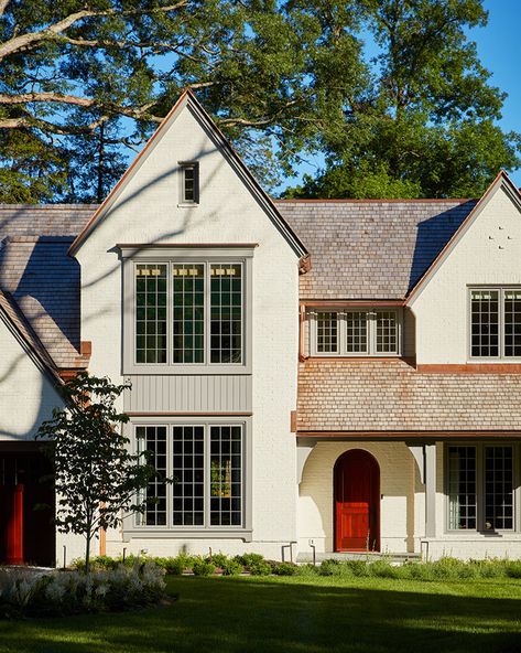 Tudor Revival House Exterior, Ursino Interiors, Modern Tudor House Exterior, Modern Colonial House, Tudor House Exterior, Buildings In New York, Larchmont Ny, Modern Tudor, Colonial House Exteriors