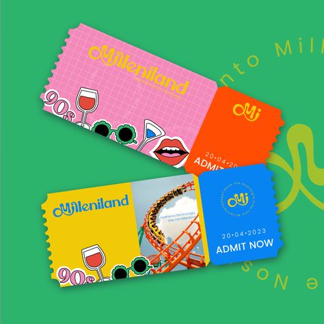 Ticket Design//Ticket Design For Theme Park//90s Style Design// 90s Inspired Amusement Park Ticket Design, Theme Park Graphic Design, Ticket Illustration Design, Creative Ticket Design, Park Brochure Design, Ticket Poster Design, Travel Ticket Design, Ticket Graphic Design, Enhypen Freebies