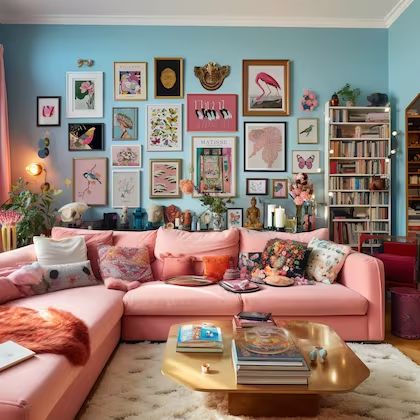 Wall Of Framed Art, Eclectic Decor Gallery Wall, Pink Couch Decor Living Room, Bright Girly Living Room, Pastel Modern Living Room, Colorful Accent Wall Living Room, Maximalist Accent Chair, Vintage Aesthetic Apartment Decor, Funky Home Decor Bohemian