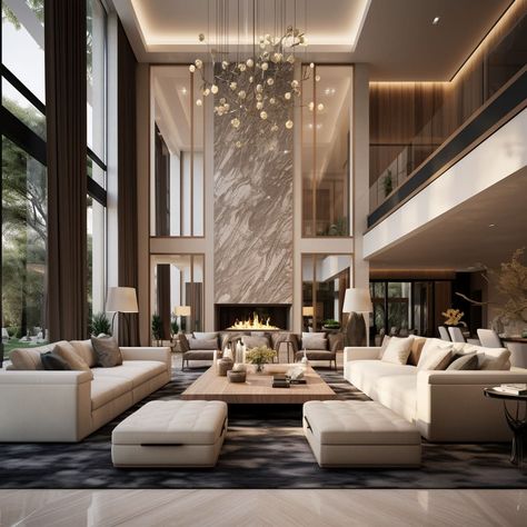 Luxury Living Room Design With Fireplace, Spacious Living Room Designs, Luxury Living Room Mansions, Luxury Elegant Living Room, Luxury House Interior Design Modern, Contemporary Luxury Interior Design, Big House Interior Design, Modern Mansion Interior Living Rooms, Fancy Home Interior