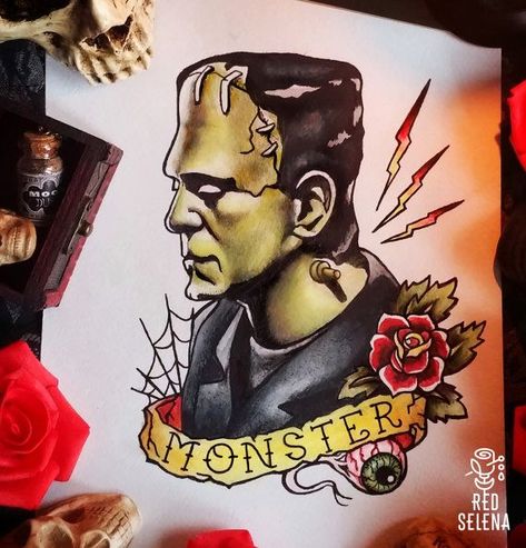 Portrait Tattoo Ideas, Tattoo New School, Tattoo Ideas For Females, Frankenstein Tattoo, Halloween Tattoo Flash, Frankenstein Art, Monster Tattoo, Tattoo New, Ink Portrait