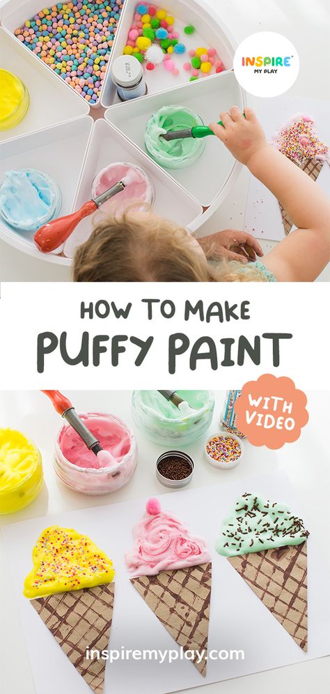 How to make puffy paint - easy recipe for kids – Inspire My Play Making Puffy Paint, Preschooler Painting Ideas, Montessori, Puff Paint Ice Cream Cone, Pom Pom Painting Preschool, Glue And Shaving Cream Puffy Paint, How To Make Fluffy Paint, Ice Cream Puffy Paint Craft, Puffy Paint Farm Animals