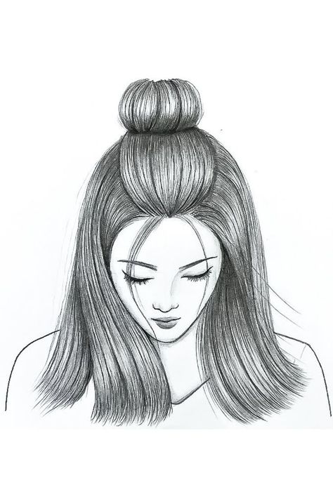 Girl Drawing with half bun hairstyle Beautiful Pencil Sketches, Pencil Sketches Easy, Pencil Drawing Images, Shading Drawing, Girl Drawing Easy, Pencil Sketch Images, Easy Love Drawings, Cute Sketches