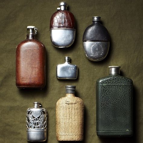 Vintage Canteens & Flasks by Brad Bridgers || Man of the World Haymitch Abernathy, Mens Accessories Vintage, Vintage Flask, Games Aesthetic, Get Drunk, Art Of Manliness, December 30, Hip Flask, Bottle Design