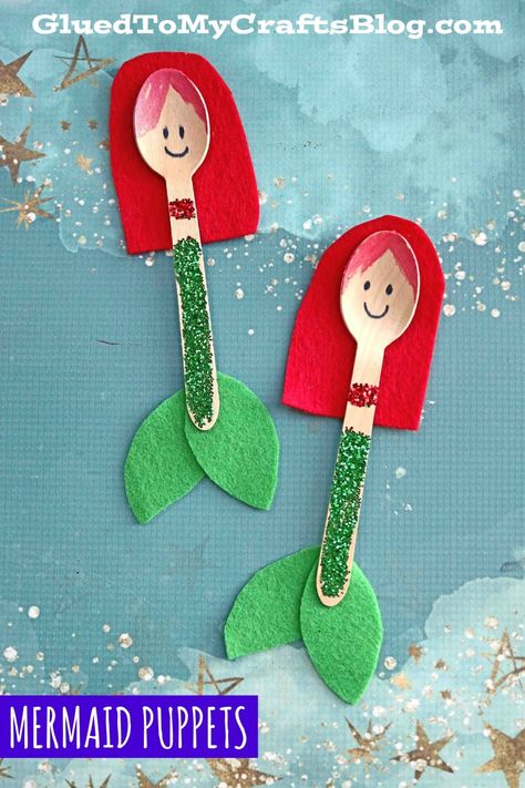 Wooden Spoon Mermaid Puppets - Kid Craft Idea For Summer Idea For Summer, Babysitting Crafts, Kerajinan Diy, Aktiviti Kanak-kanak, Mermaid Kids, Mermaid Crafts, Summer Camp Crafts, Toddler Arts And Crafts, Kraf Diy